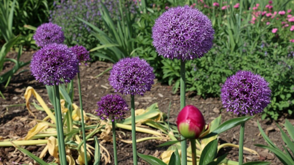 Purple ornamental allium globes in a late-spring garden border
