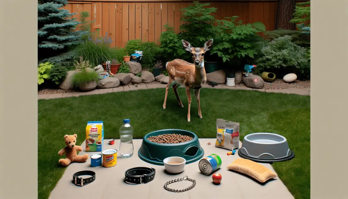 A visually appealing, non-branded image depicting an interaction between a deer and basic household items. The scene takes place outdoors with a deer timidly approaching miscellaneous items associated with common pet care, such as a collar, a bowl of food, a water dish, and a toy, all positioned around a backyard garden. Yet, there is a sense of caution and uncertainty in the placement and interaction, emphasizing the question of whether keeping a deer as a pet is a feasible or advisable idea. There are no people, visible brand names or logos, and no included text within the image or on items.
