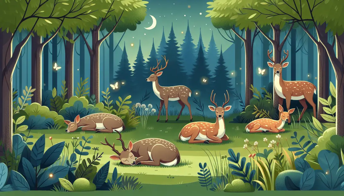 Illustration showing a serene forest setting with a group of deer at various stages of rest. Some deer are dozing while standing, indicating how certain species may rest without fully lying down. Other deer are laying down curled up in a meadow, showing a more resting phase. The surrounding nature scene is tranquil with trees, foliage, and small atmospheric details like butterflies or fireflies. Make sure no humans, text, brand names or logos are present in the image.